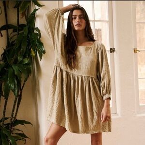 New By Together Forever In Love Khaki Gauze Babydoll Dress Pockets size medium